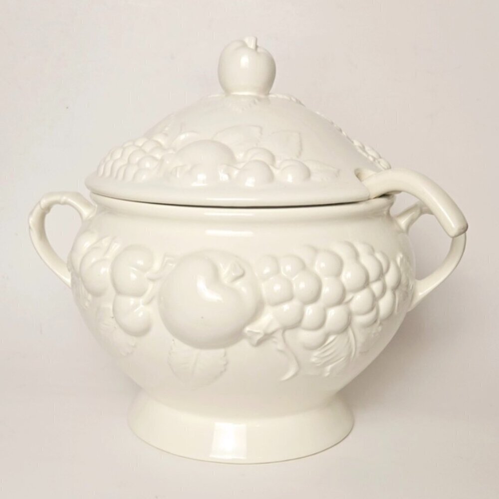 Vintage Signature Japan White Ceramic Soup Tureen Lid Ladle MCM Serving Bowl